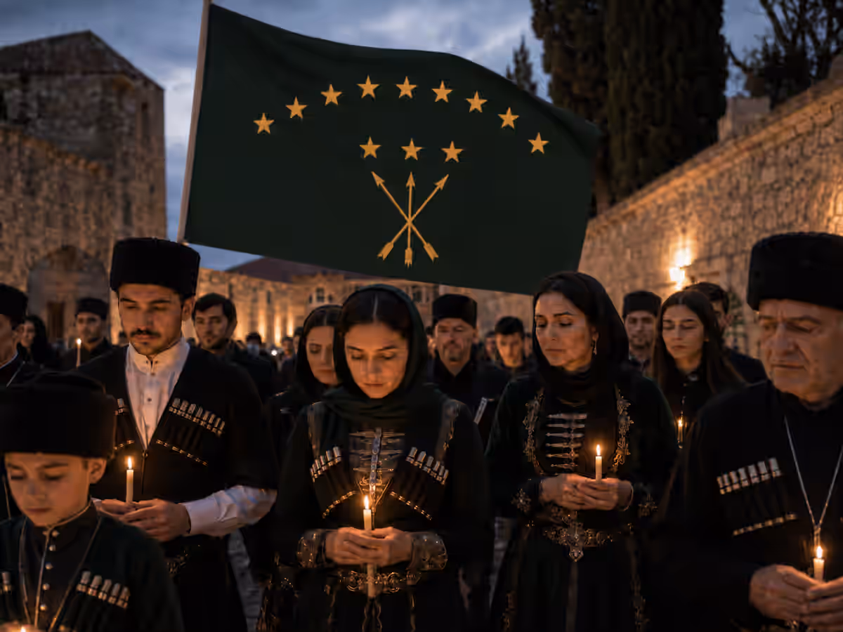 A Circassian May 21 commemoration in the diaspora Circassian diaspora families holding candles at a May 21 memorial gathering, with the green Circassian flag of twelve stars and three arrows raised behind them