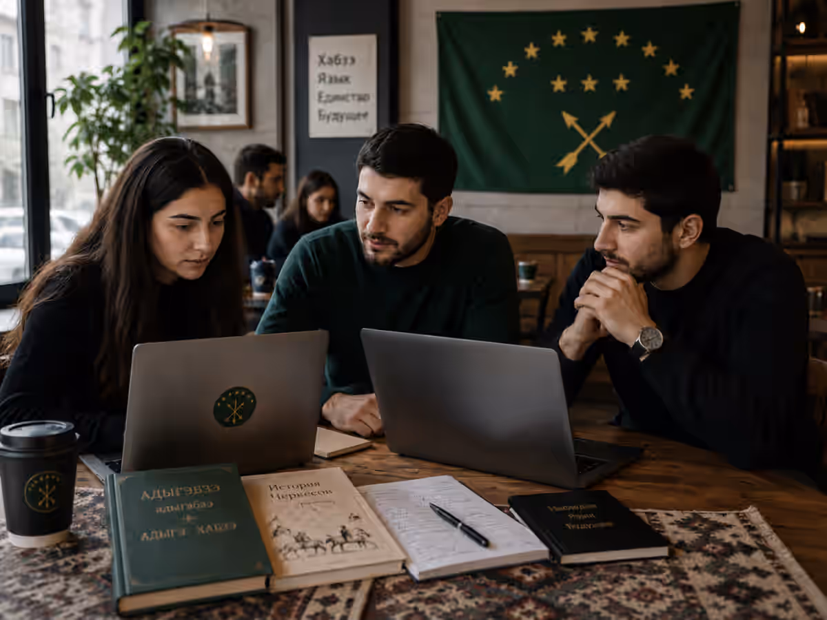 Young Circassians building online content in Nalchik Three young Circassians working on laptops and phones in a Nalchik cafe, editing Circassian-language content with the Caucasus mountains visible outside