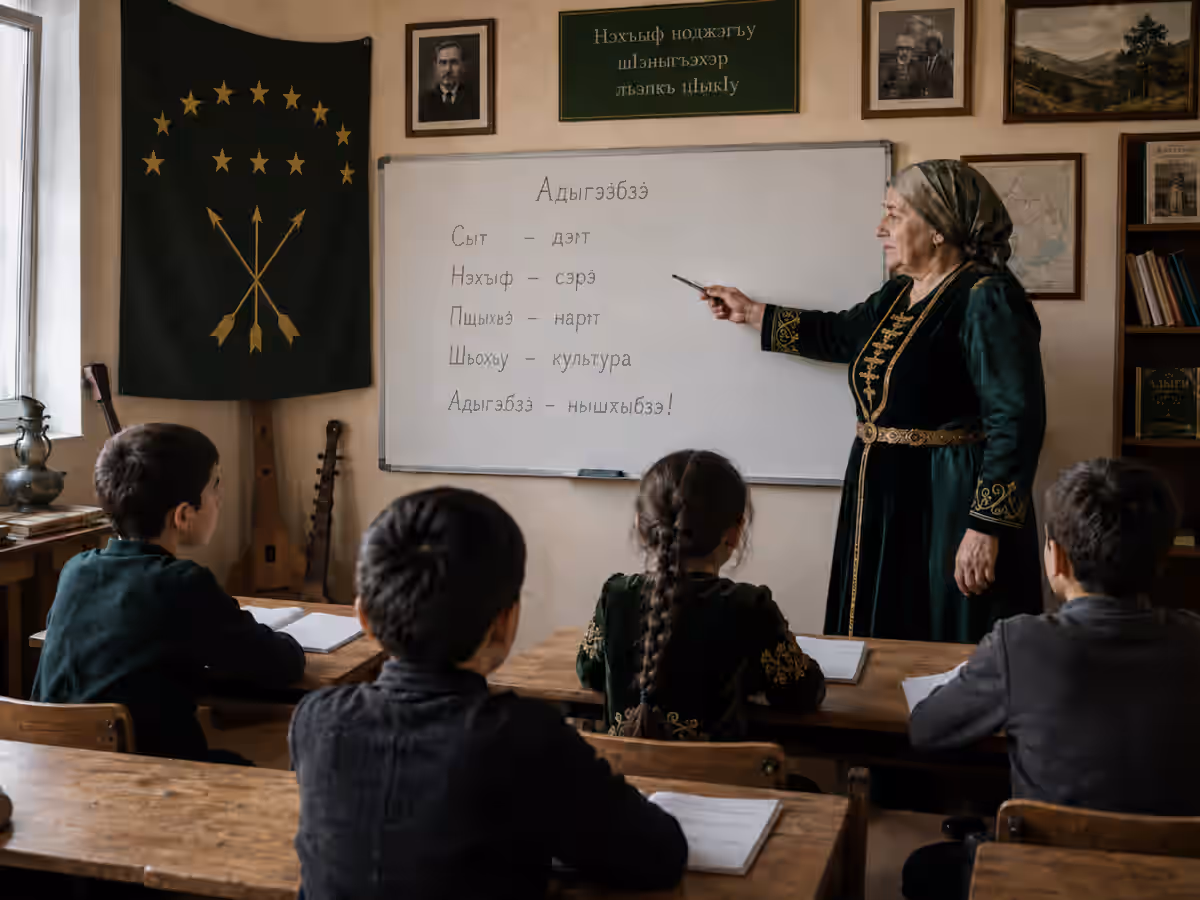 An Adyghe language lesson in the North Caucasus Circassian teacher writing Adyghe words in Cyrillic on a whiteboard while children follow along in a North Caucasus village classroom