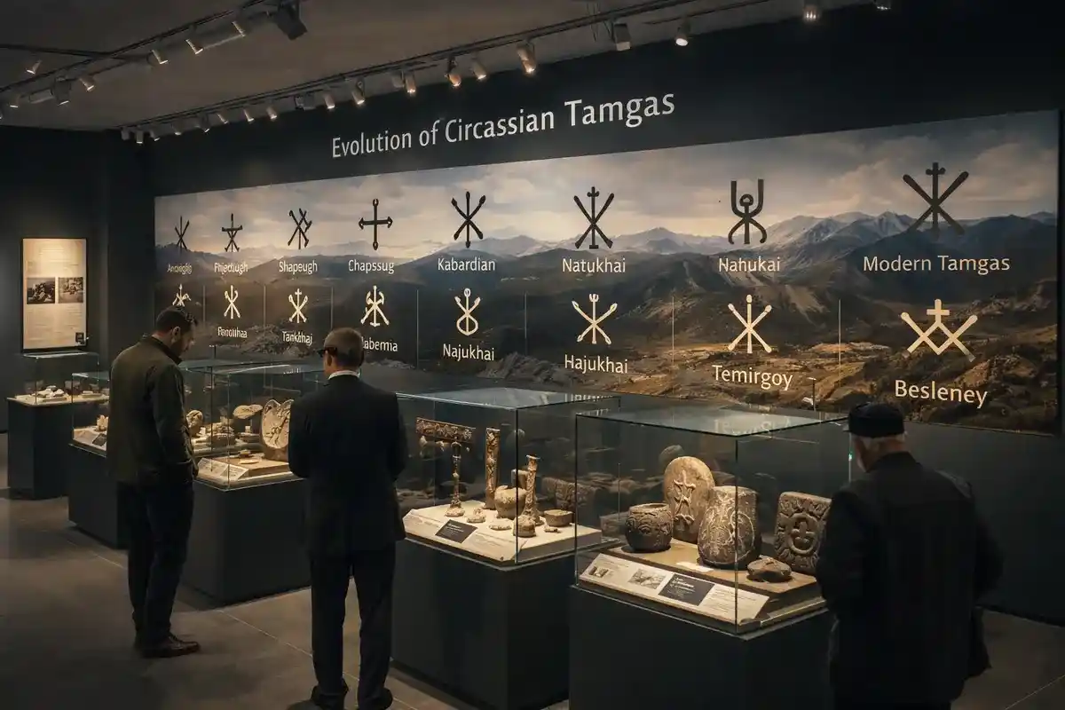 Museum exhibition showing the evolution of Circassian tamgas across tribes including Kabardian, Shapsug, Natukhai, Temirgoy, and Besleney